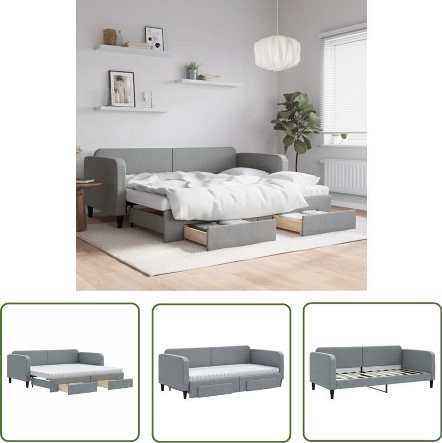 The Living Store Slaapbank met onderschuifbed en lades 90x190 cm stof lichtgrijs Slaapbank Tweepersoonsbed Onderschuifbed Boxspring Multifunctioneel Meubilair