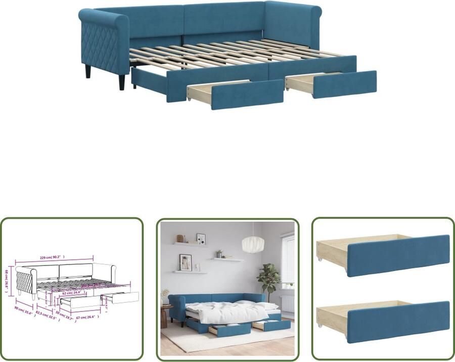 The Living Store Slaapbank met onderschuifbed Fluweel Blauw 229 x 90 x 68 cm 2x bedlade Geschikte matras- 80 x 200 cm Slaapbank Sofa Bed Tweepersoonsbed Fluweelsofa Blauwsofa - Foto 2