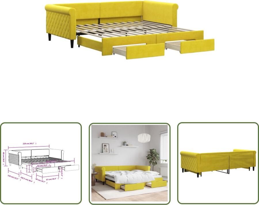The Living Store Slaapbank met onderschuifbed Geel fluweel Modern ontwerp Veel opbergruimte 229x110x68cm