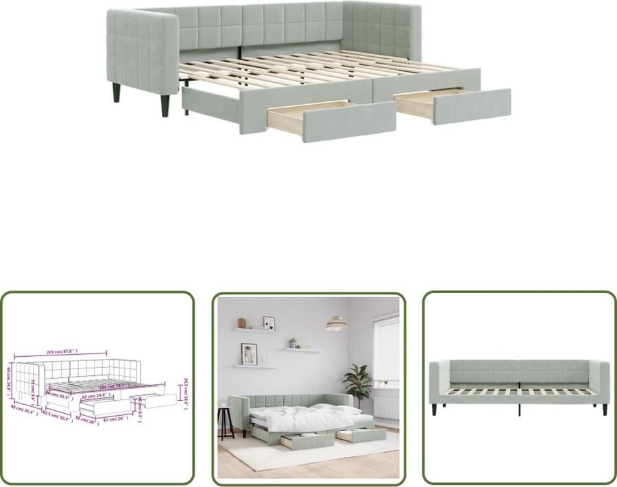 The Living Store Slaapbank met onderschuifbed Lichtgrijs 223x90x68cm Veelzijdig veel opbergruimte zacht fluweel solide constructie Slaapbank Sofa Bed Tweepersoonsbed Multifunctionele Meubels Opbergruimte - Foto 2