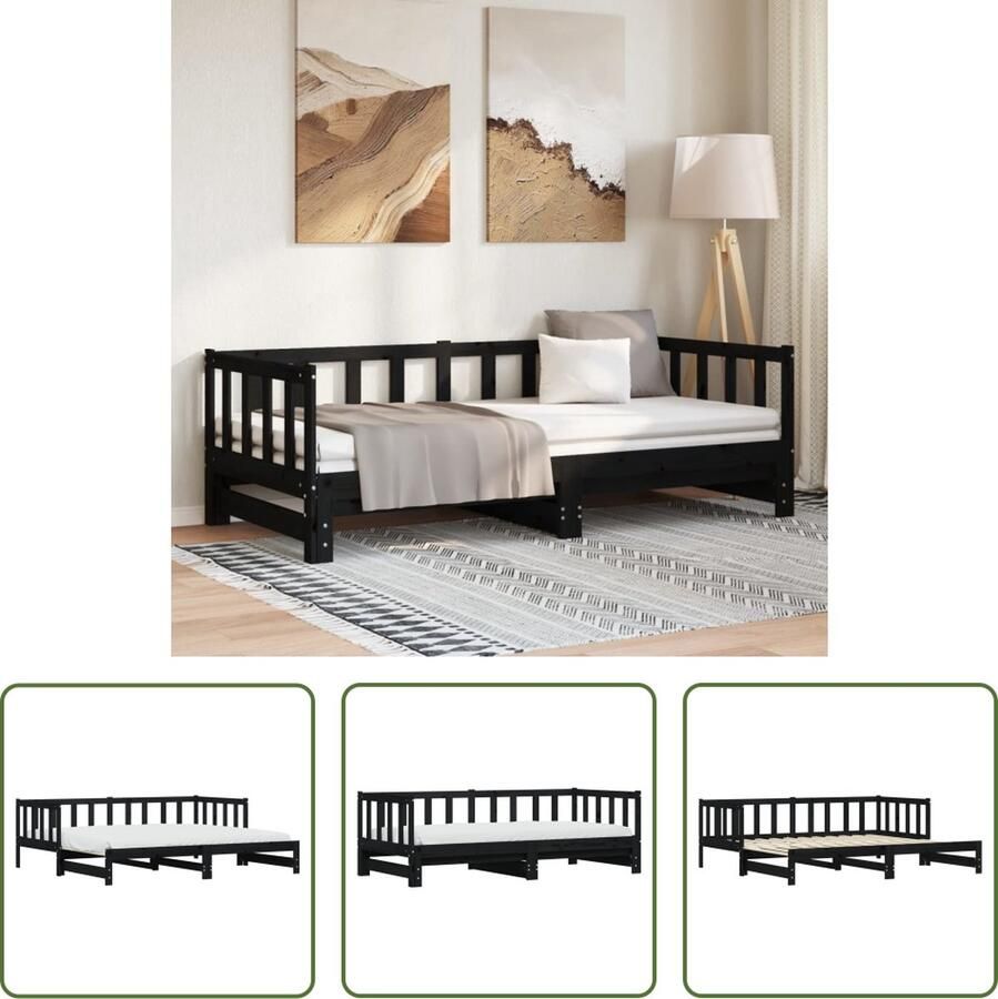 The Living Store Slaapbank met onderschuifbed Massief grenenhout Uitschuifbaar Zwart 90 x 200 cm Slaapbank Logeerbed Bankslaapzaak Tweepersoonsbed Stapelbed - Foto 2