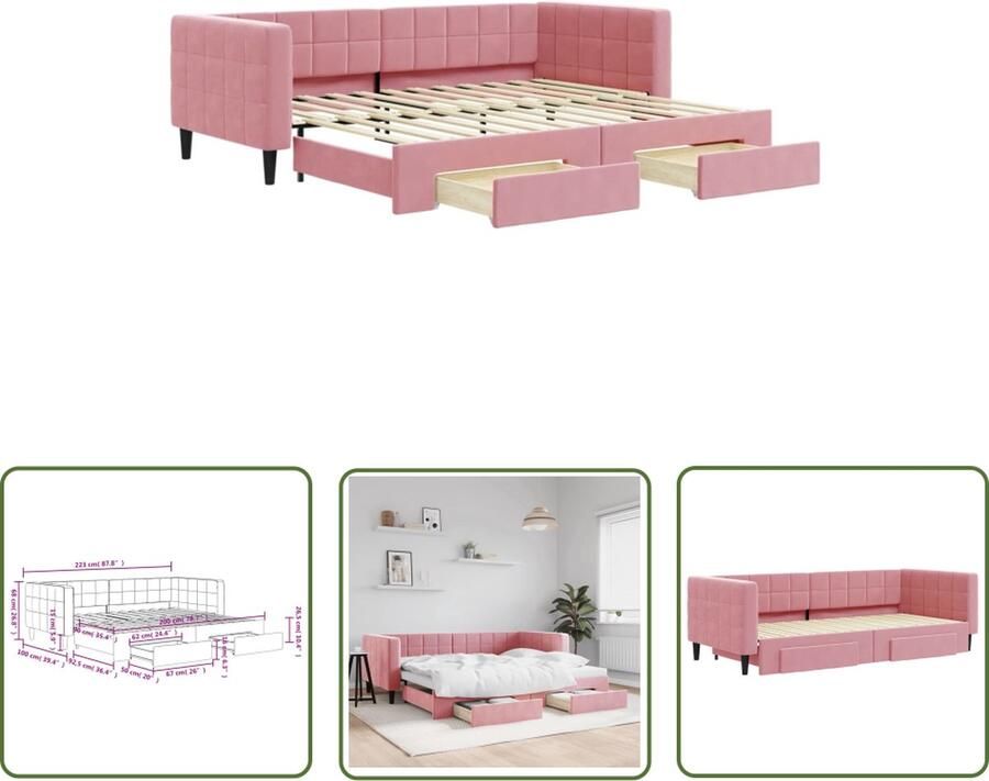 The Living Store Slaapbank met onderschuifbed Roze fluweel 223 x 192.5 x 68 cm Veelzijdig en modern Slaapbank Sofa Bed Tweepersoonsbed Rozerood Meubilair Fluweelsofa - Foto 2