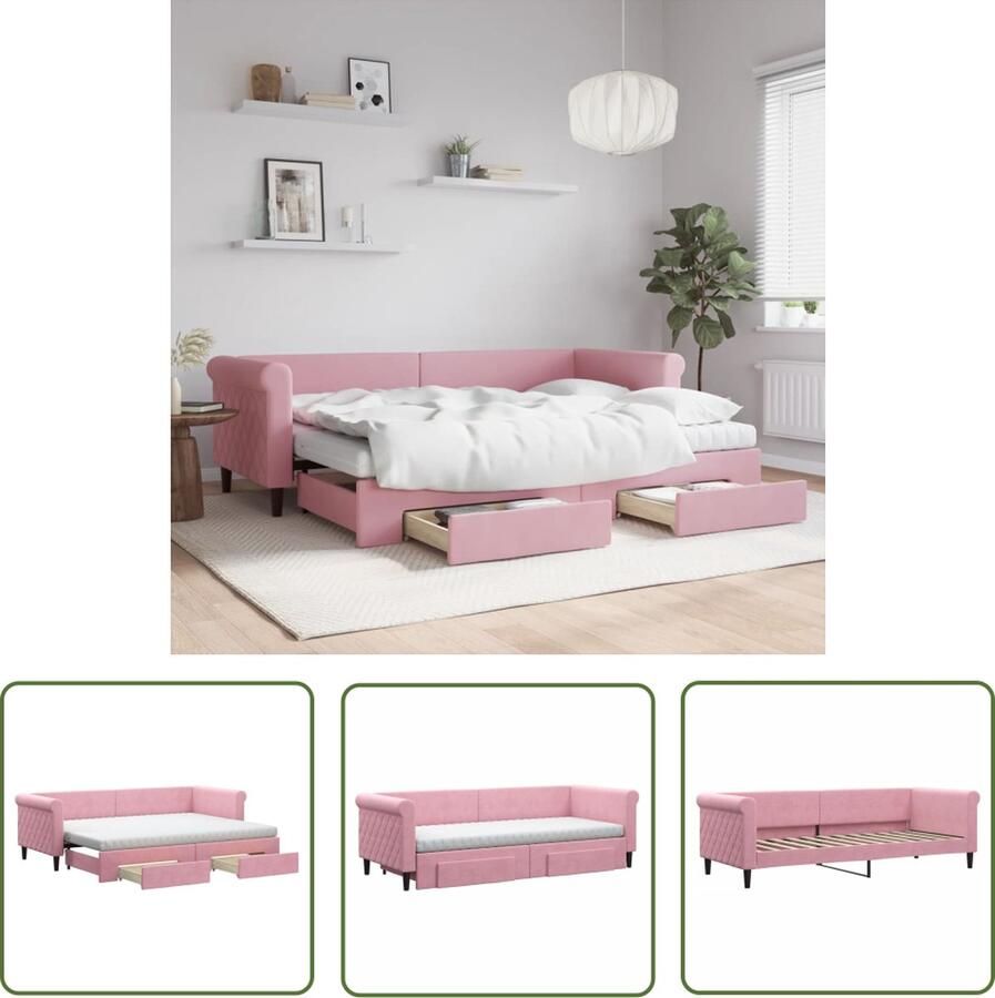 The Living Store slaapbank met onderschuifbed Roze fluweel 229x172.5x68cm 2-in-1 Veelzijdig en comfortabel