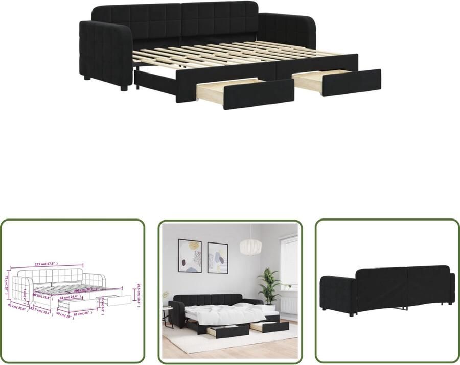 The Living Store Slaapbank met onderschuifbed Zwart 223 x 91 x 71 cm Opbergruimte Fluweel Slaapbank Sofa Bed Tweepersoonsbed Onder Schuifbed Opbergruimte