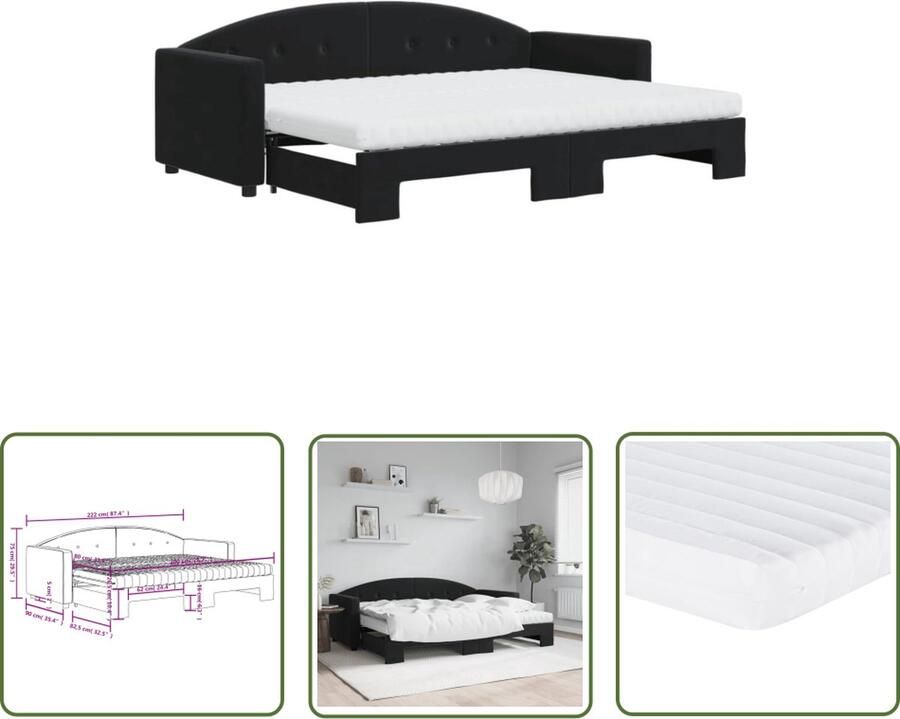 The Living Store Slaapbank Milano 222 x 90 x 75 cm 2-in-1 bankbed Zwarte fluwelen bekleding Slaapbank Sofa Bed Tweepersoonsbed Zwarte Meubels Fluweel Meubilair - Foto 2