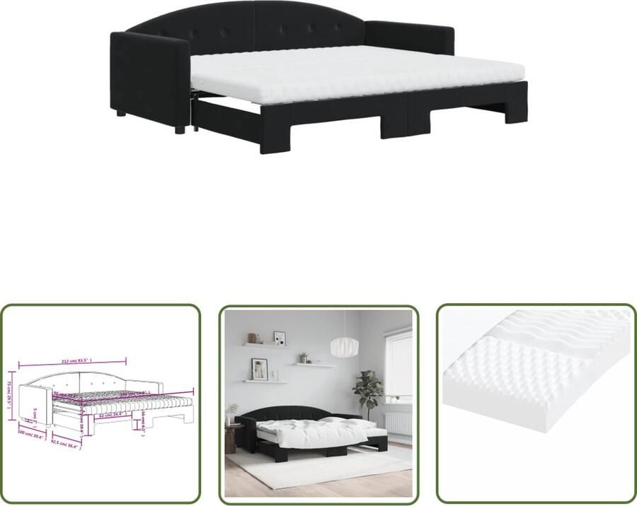 The Living Store Slaapbank Onderschuifbed 212x100x75 cm Zwart