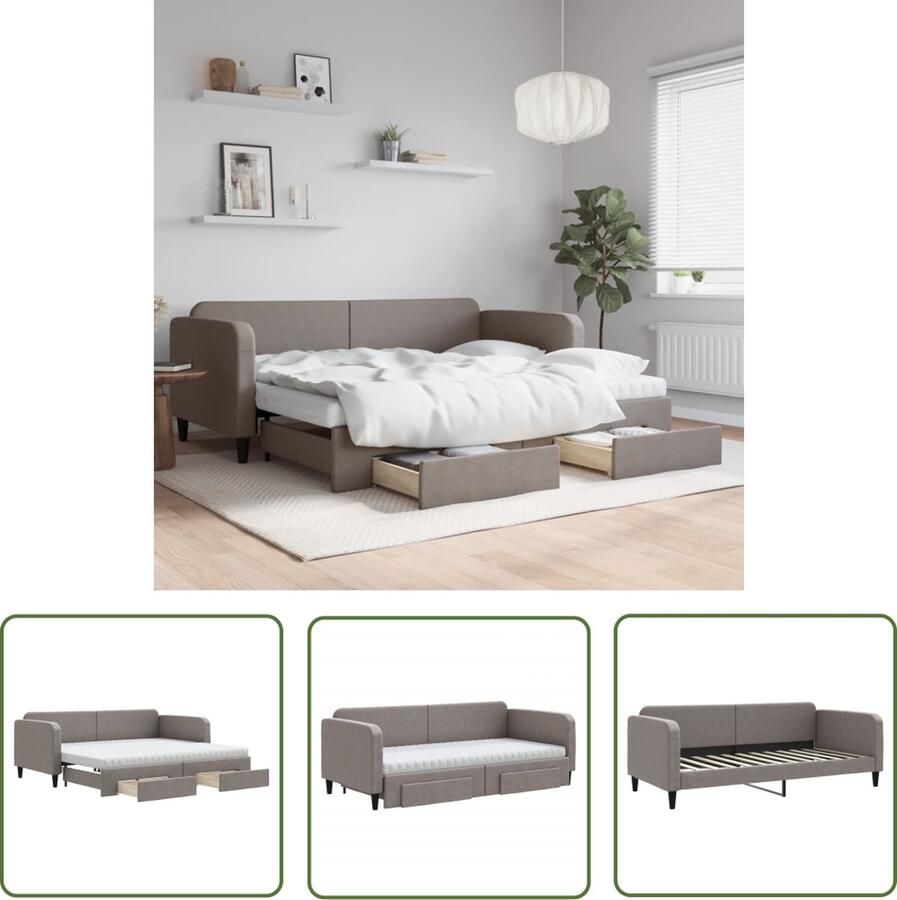 The Living Store Slaapbank Onderschuifbed 223 x 192.5 cm Taupe Stof metaal hout 2-in-1 Opberglades Schuimmatrassen Duurzaam