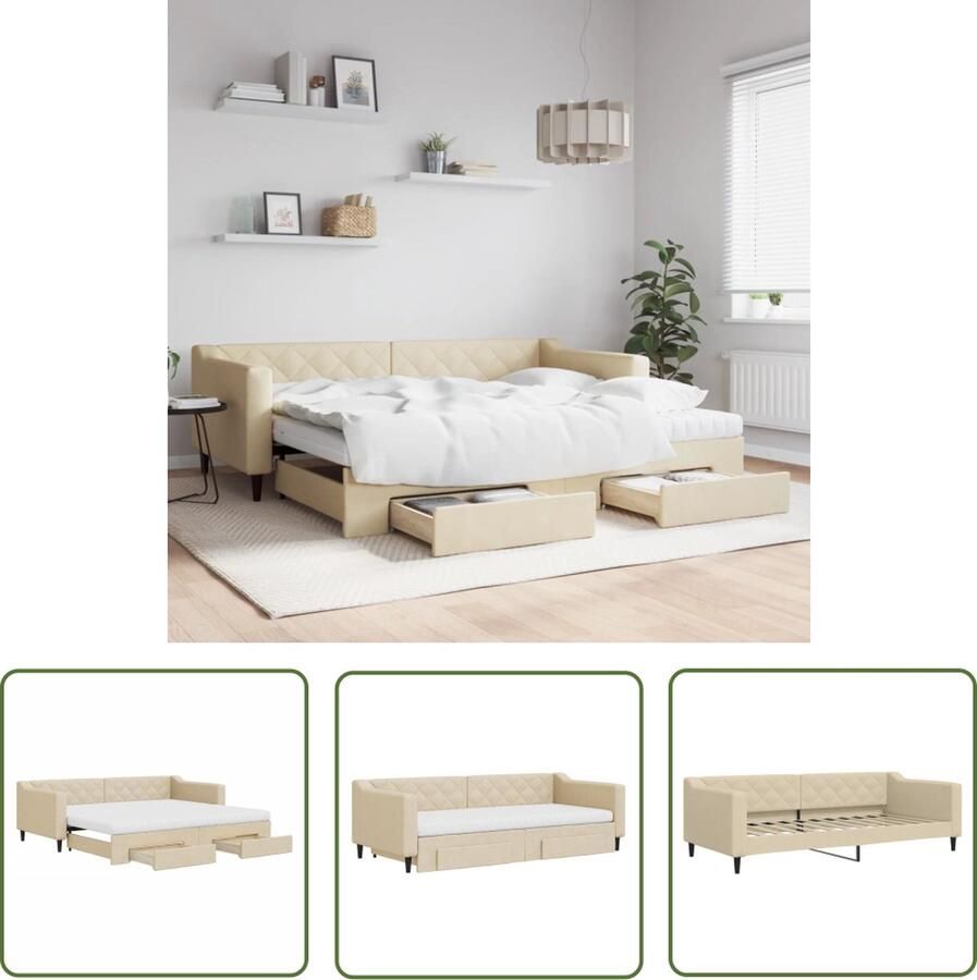 VidaXL The Living Store Slaapbank Onderschuifbed 223x100x67cm Crème Stoffen bekleding Houten metalen frame