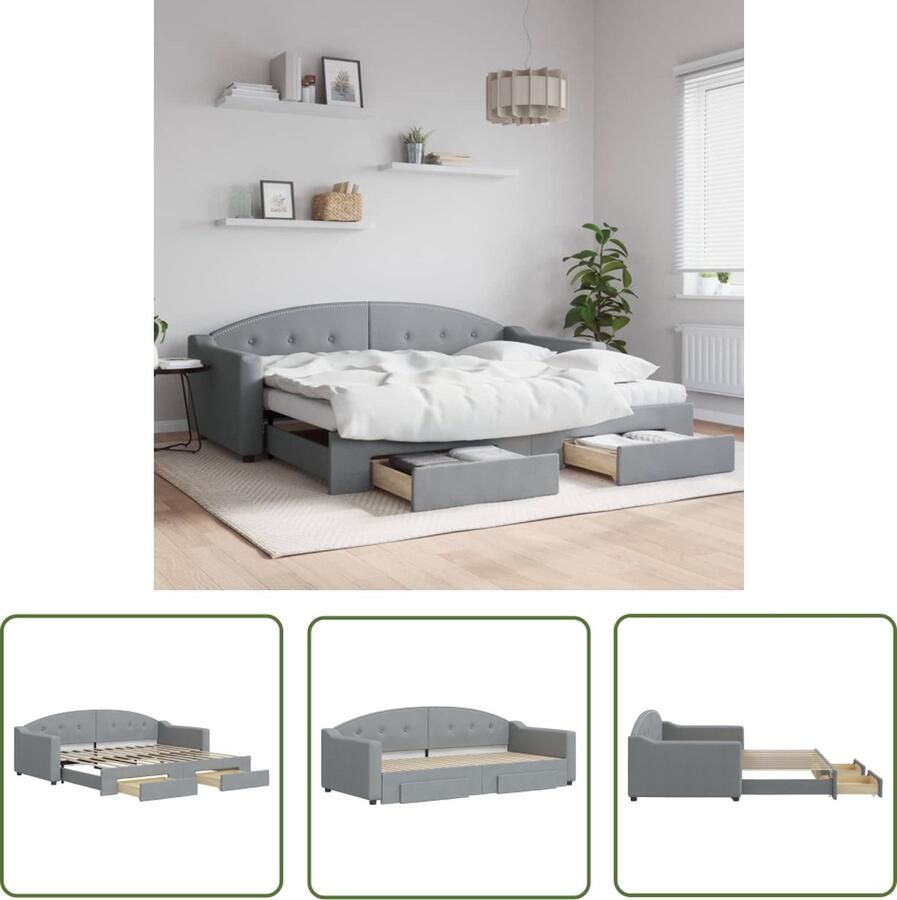 The Living Store Slaapbank met onderschuifbed en lades 90x200 cm stof lichtgrijs Slaapbank Sofa Bed Tweepersoonsbed Onderbed Boxspring
