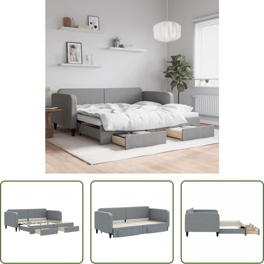 The Living Store Slaapbank met onderschuifbed en lades 90x200 cm stof lichtgrijs Slaapbank Sofa Bed Tweepersoonsbed Onder Schuifbed Boxspring