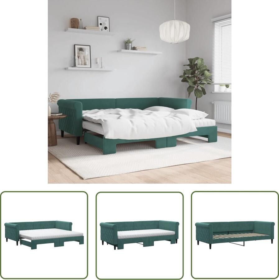 The Living Store Slaapbank Onderschuifbed Donkergroen Fluweel 229x100x68cm 2 x 90x200x10cm Matras