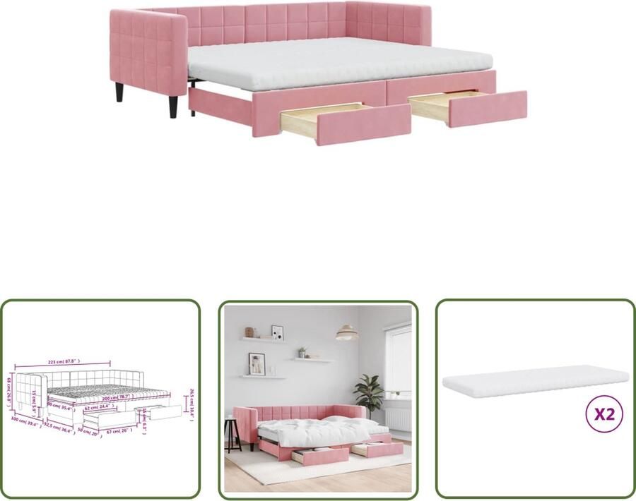 The Living Store Slaapbank Onderschuifbed Roze 223x192.5x68cm Veelzijdige en comfortabele bank Met opbergruimte Inclusief schuimmatras Massief hout en metalen frame Slaapbank Sofa Bed Rozenkleurige Bank Onderbed Opslagbanken - Foto 2