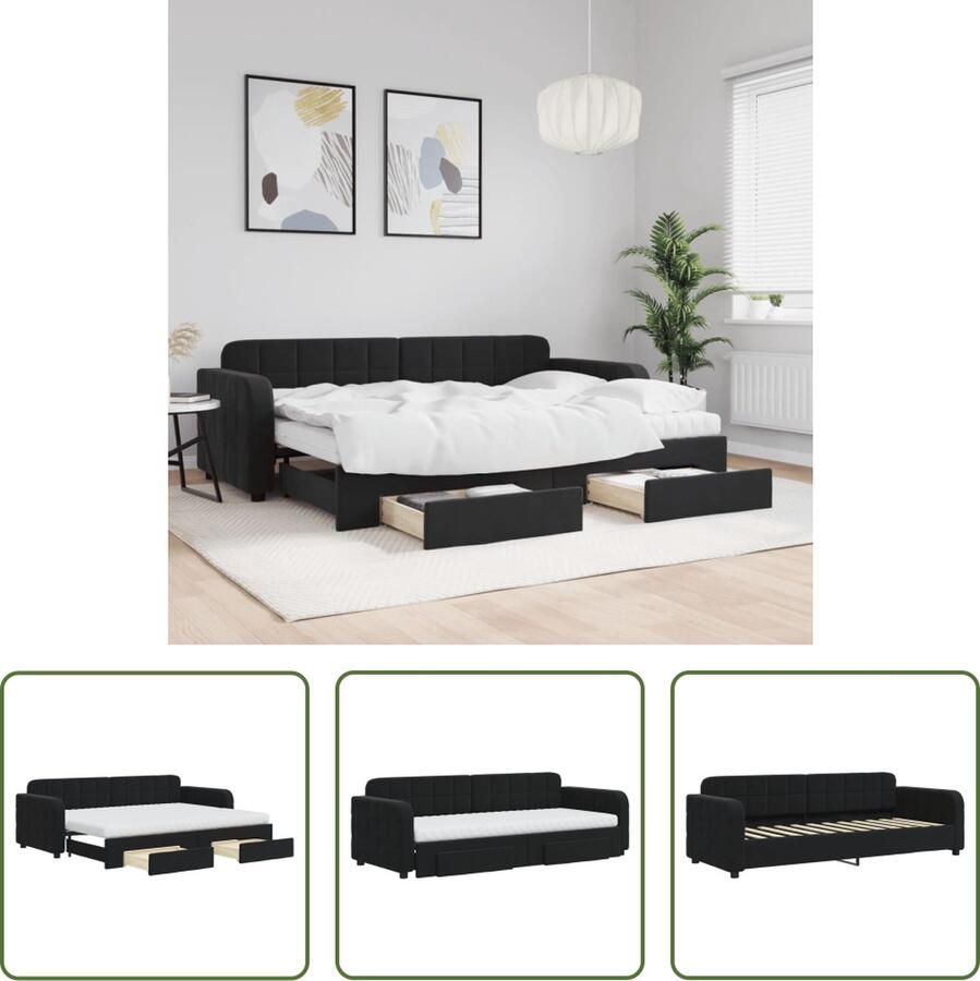 The Living Store Slaapbank Onderschuifbed Zwart Fluweel 223x91x71 cm 2-in-1 2 Lades Schuimmatras Houten Frame Metaal Slaapbank Tweepersoons Bed Onderschuifbed Zwarte Slaapbank Fluweelslaapbank - Foto 2