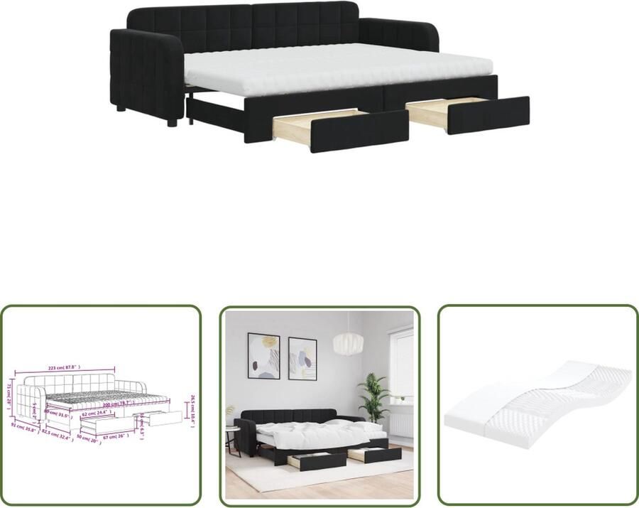 The Living Store Slaapbank Onderschuifbed Zwart Fluweel 223x91x71 cm 2-in-1 2 Lades Schuimmatras Houten Frame Metaal Slaapbank Tweepersoons Bed Onderschuifbed Zwarte Slaapbank Fluweelslaapbank