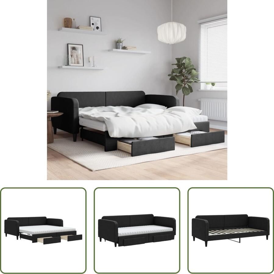 The Living Store Slaapbank met onderschuifbed en lades 100x200 cm stof zwart Slaapbank Sofa Bed Tweepersoonsbed Boxspring Logeerbed