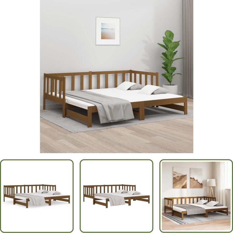 The Living Store Logeerbed Grenenhout Uitschuifbaar Honingbruin 193.5 x 181 x 66 cm 90 x 190 cm matras Logeerbed Slaapbank Grenenhout Meubels Hout Meubel Bruine Bank - Foto 2