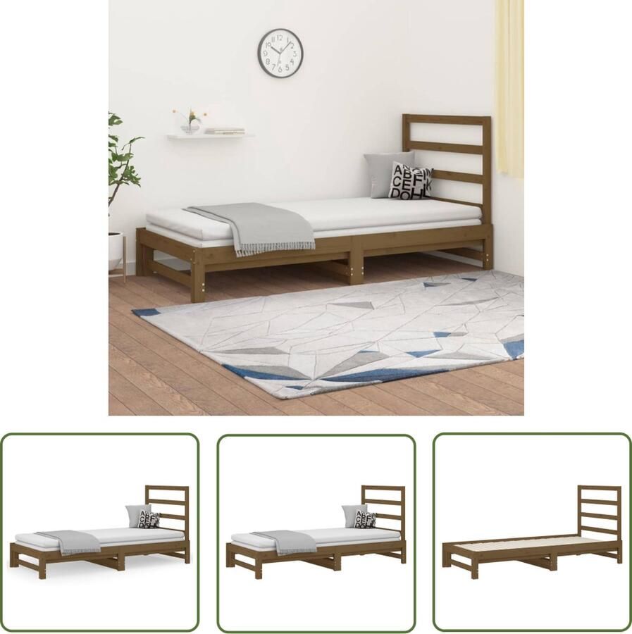 The Living Store Logeerbed Massief Grenenhout Uitschuifbaar Honingbruin 205.5 x 182 x 30 cm Inclusief Montagehandleiding Logeerbed Slaapbank Massief Hout Grenenhout Uitz Schuifbaar Bed