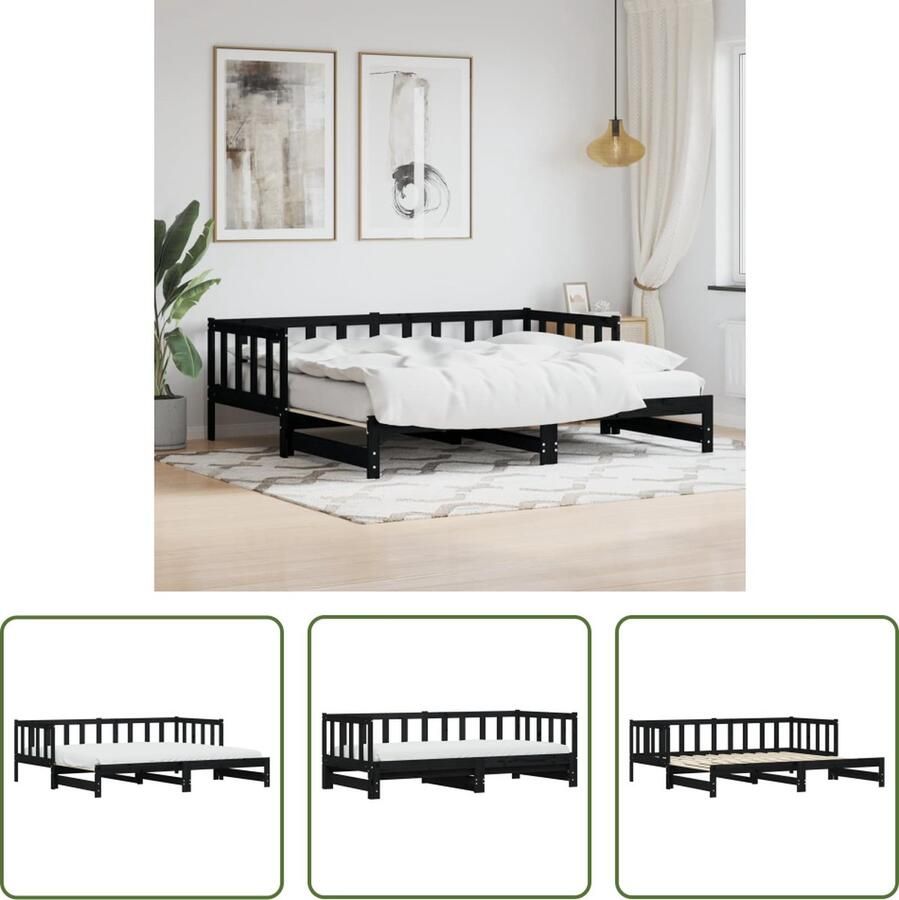 The Living Store Slaapbank Uitschuifbaar Massief grenenhout Matras 90x190 (excl matras) Zwart