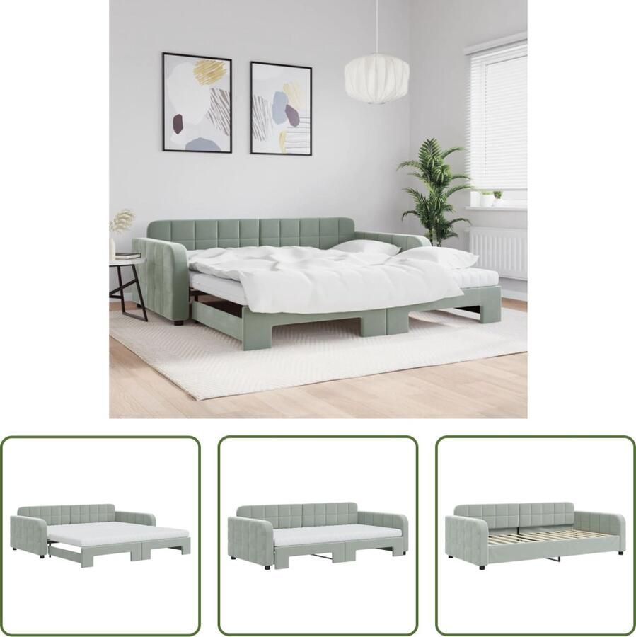 The Living Store Slaapbank Velvet Lichtgrijs 223x110x71cm 2-in-1 met Onderschuifbed Inclusief 2 Schuimmatrassen Slaapbank Tweepersoonsbed Velvet Sofa Fluweelsofa Grijs Meubilair - Foto 2
