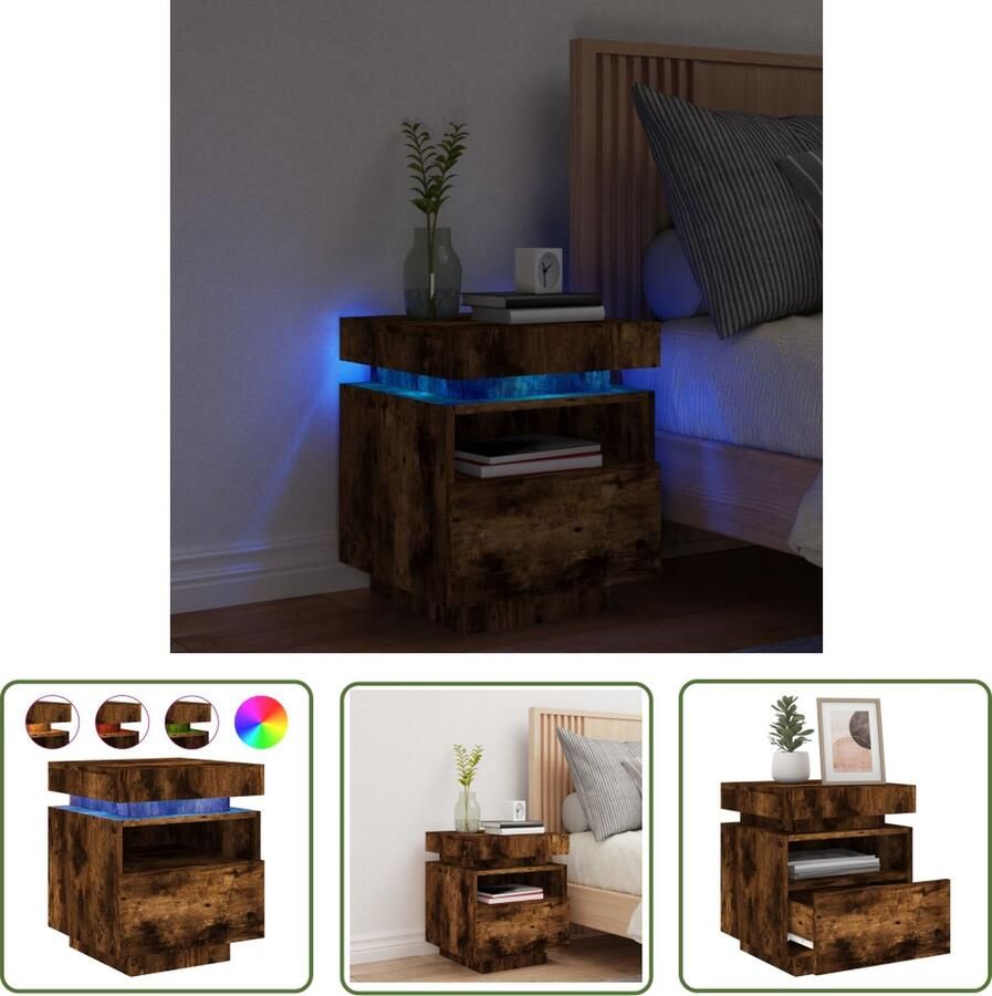 The Living Store Slaapkaastje Gerookt Eiken 40 x 39 x 48.5 cm Met LED-verlichting Nachtkastje Slaapkamermeubel Led Verlichting Houten Kast Bruine Meubels - Foto 3