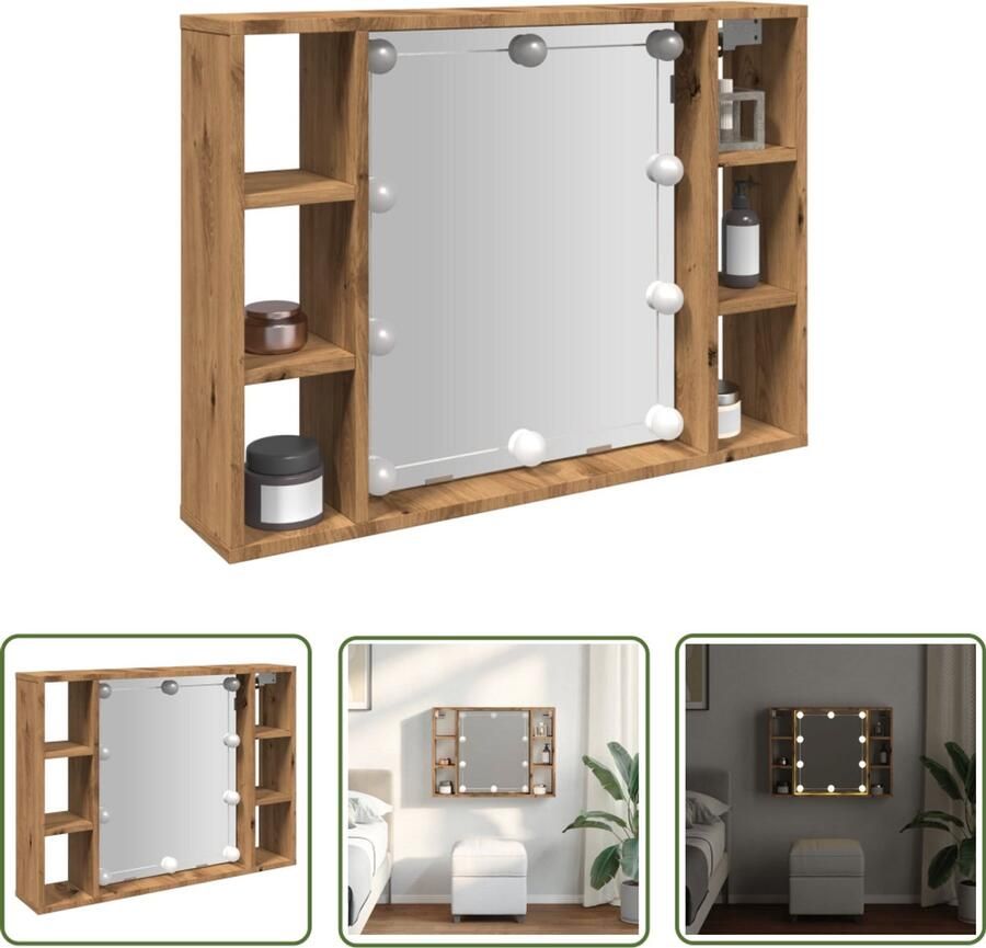 The Living Store Spiegelkast met LED 76x15x55 cm bewerkt hout artisanaal eiken Spiegels Led Verlichting Badkamer Accessoires Make-up Organizer Opbergkast