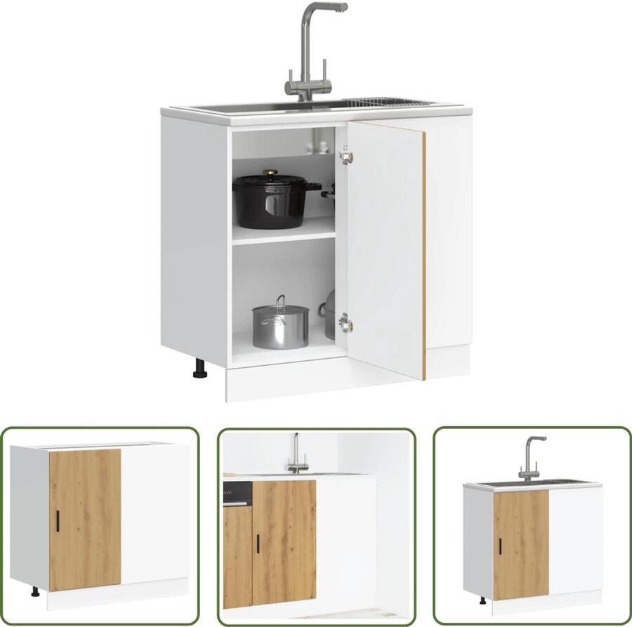 The Living Store Spoelbakonderkast bewerkt hout artisanaal eikenkleur Spoelbakonderkast Keukenkasten Houten Kast Opslagruimte Keukenopstelling - Foto 2