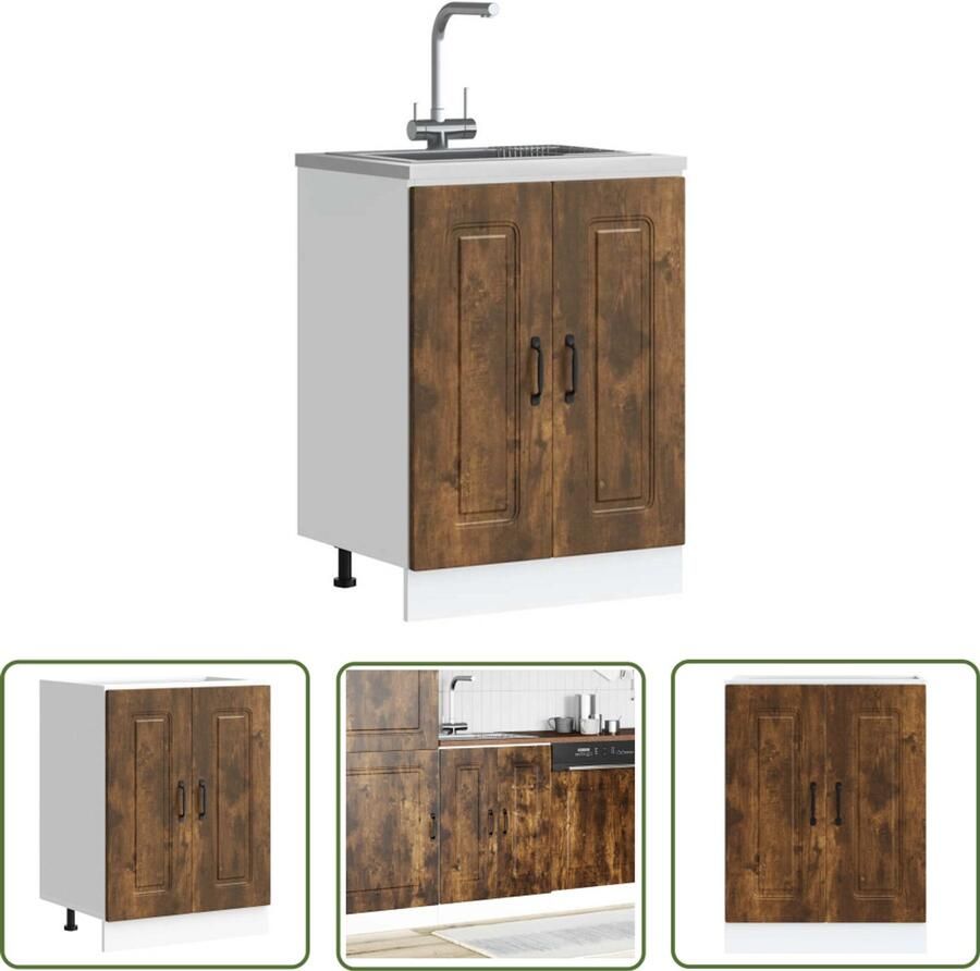 The Living Store Spoelbakonderkast Kalmar 60x46x81 5cm bewerkt hout gerookteiken Spoelbakonderkast Keukenkasten Houten Kast Keukenmeubilair Opslagruimte