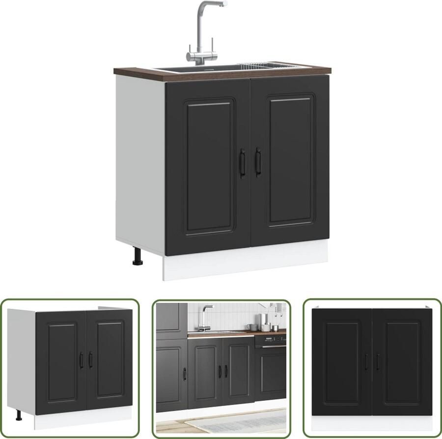 The Living Store Spoelbakonderkast Kalmar 80x46x81 5 cm bewerkt hout zwart Spoelbakonderkast Keukenkasten Houten Kast Zwarte Kast Opslagoplossing