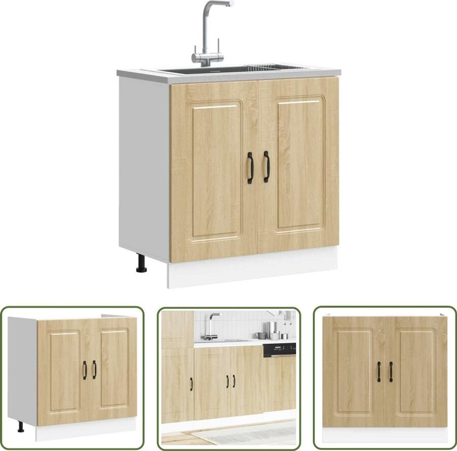 The Living Store Spoelbakonderkast Kalmar 80x46x81 5cm bewerkt hout sonoma eiken Spoelbakonderkast Keukenkasten Houten Kast Sonoma Eiken Opslagruimte