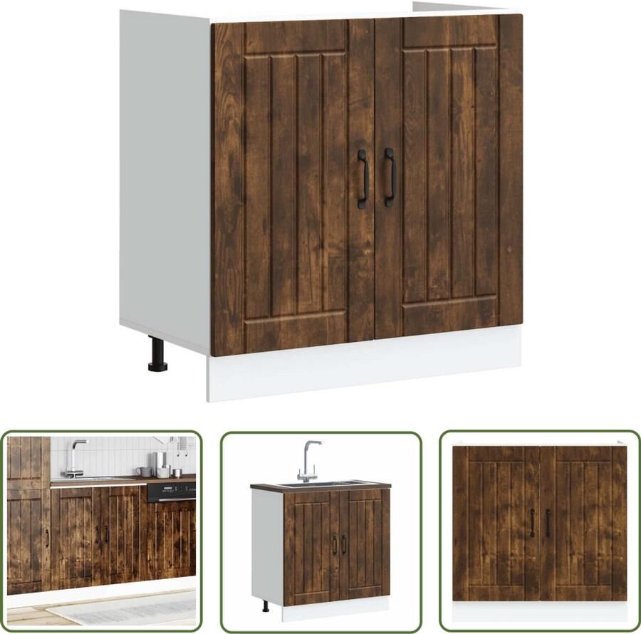 The Living Store Spoelbakonderkast Lucca bewerkt hout gerookt eikenkleurig Spoelbakonderkast Keukenkasten Houten Kast Lucca Serie Bergruimte