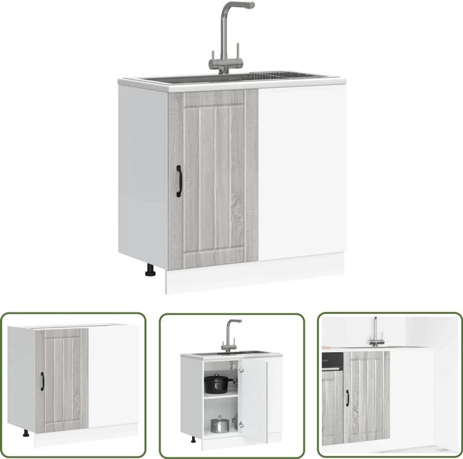 The Living Store Spoelbakonderkast Lucca bewerkt hout grijs sonoma eiken Spoelbakonderkast Keukenkasten Houten Kast Grensloos Design Opslagruimte - Foto 2