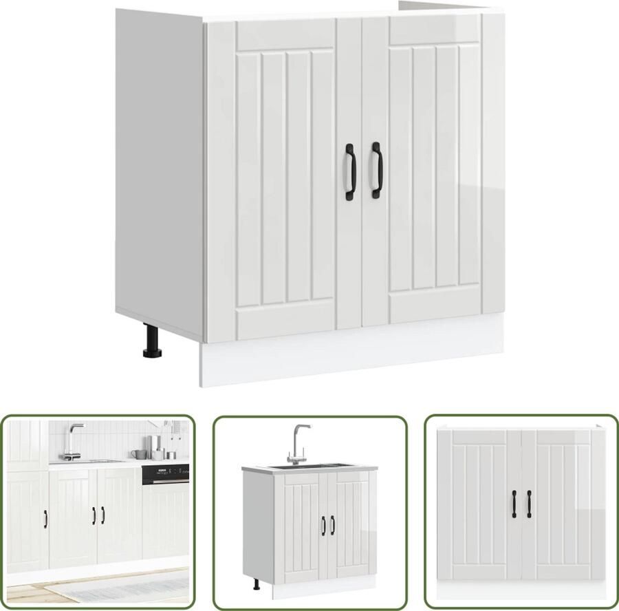 The Living Store Spoelbakonderkast Lucca bewerkt hout hoogglans wit Spoelbakonderkast Keukenmeubel Opslagruimte Houten Kast Hoogglans Wit