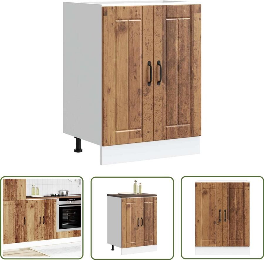 The Living Store Spoelbakonderkast Lucca bewerkt hout oud houtkleurig Spoelbakonderkast Keukenkasten Houten Kast Opslagruimte Keukenopstelling