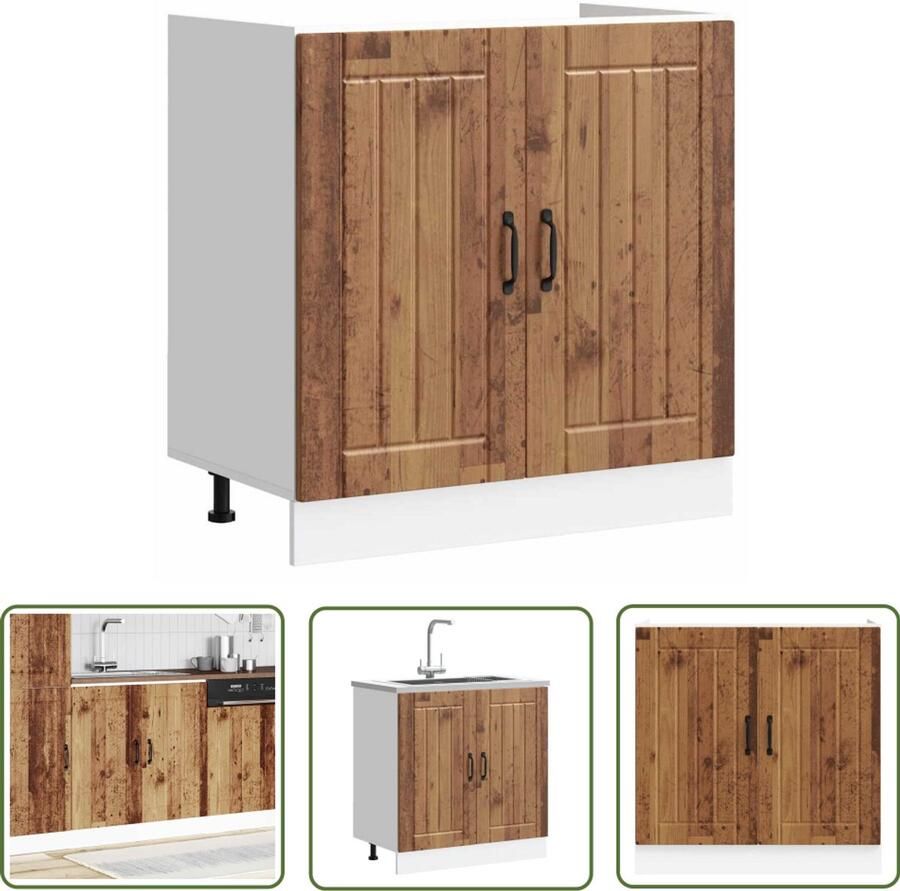 The Living Store Spoelbakonderkast Lucca bewerkt hout oud houtkleurig Spoelbakonderkast Keukenopstelling Houten Kast Opslagruimte Badkamerkast