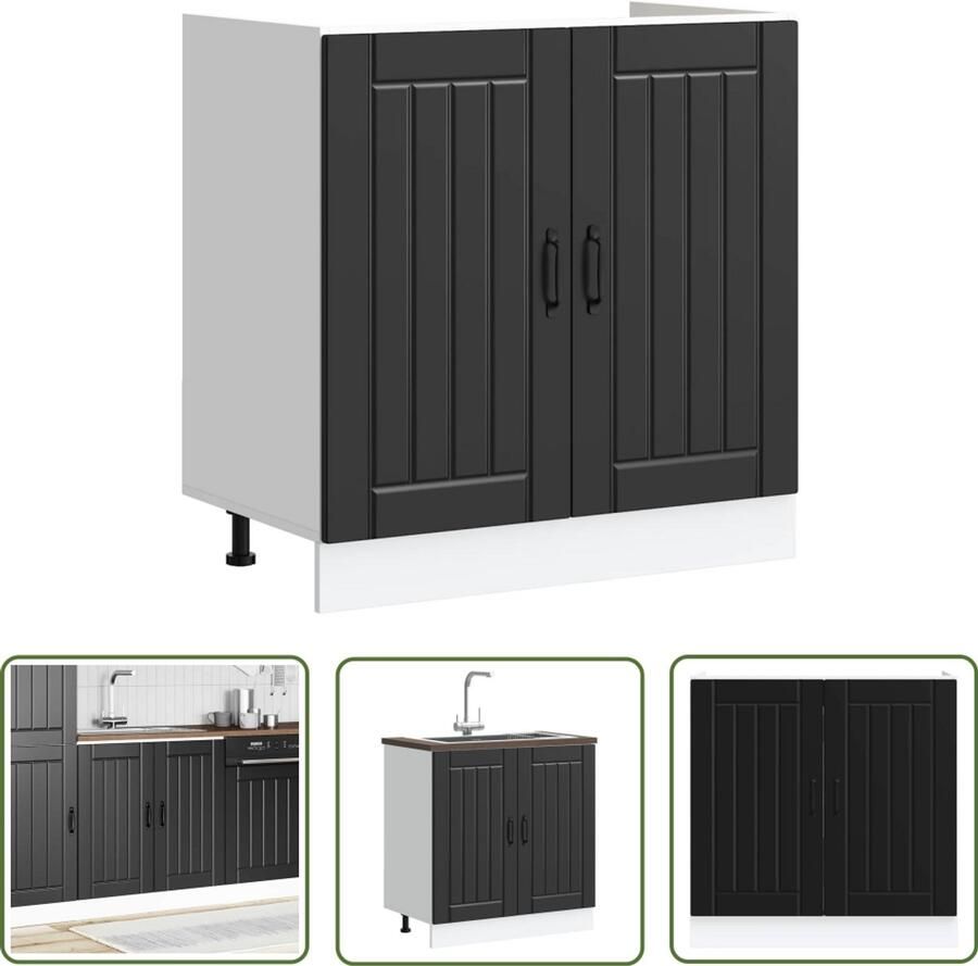 The Living Store Spoelbakonderkast Lucca bewerkt hout zwart Spoelbakonderkast Keukenkasten Houten Kast Zwarte Kast Lucca Serie