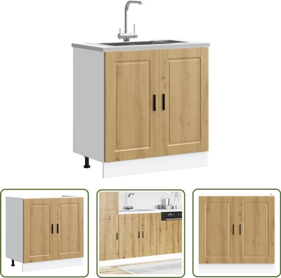 The Living Store Spoelbakonderkast Porto 80x46x81 5 cm hout artisanaal eiken Spoelbakonderkast Keukenkasten Houten Kast Opslagruimte Artisan Eiken