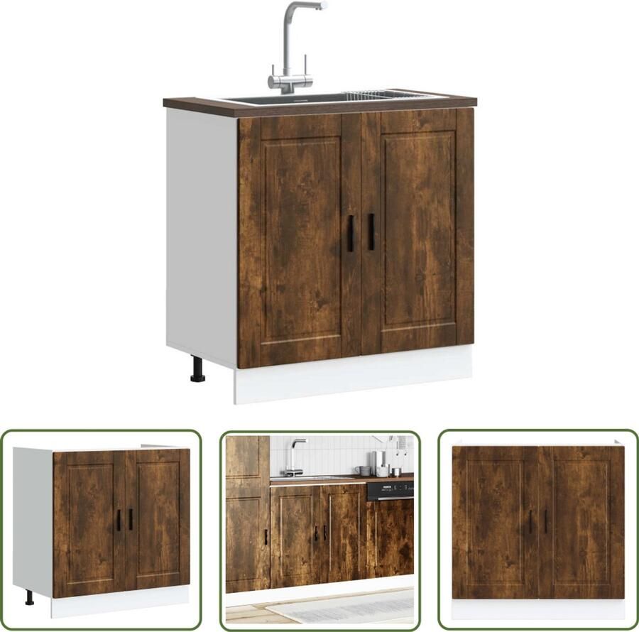 The Living Store Spoelbakonderkast Porto 80x46x81 5cm bewerkt hout gerookt eiken Spoelbakonderkast Keukenmeubel Houten Kast Opslagoplossing Keukenorganisation