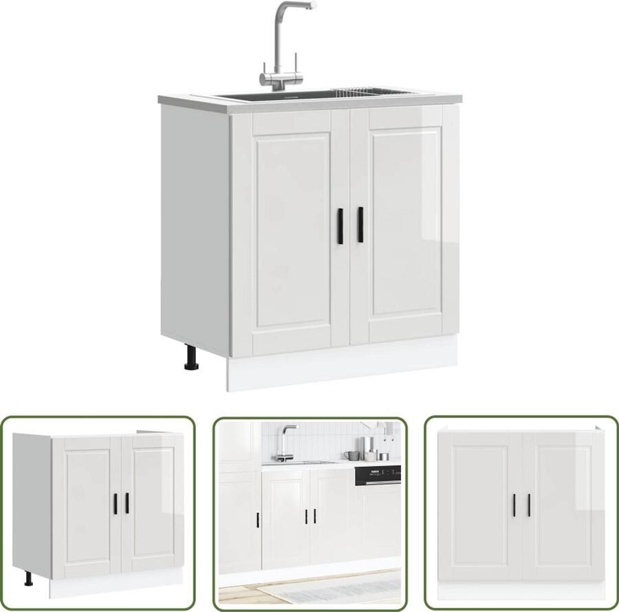 The Living Store Spoelbakonderkast Porto 80x46x81 5cm bewerkt hout hoogglans wit Spoelbakonderkast Keukenkasten Houten Kast Opslagruimte Witte Kast