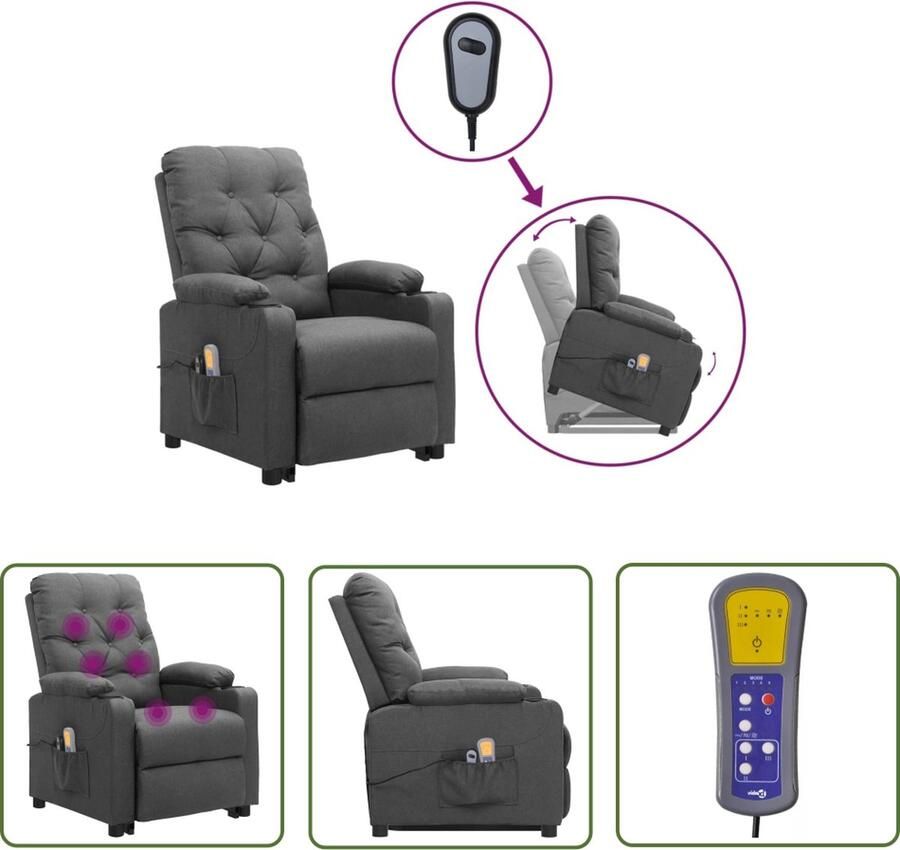 VidaXL Massagestoel Sta-op Functie Sta-op-massagestoel stof lichtgrijs Ergonomische Stoel Comfortstoel Relaxfauteuil - Foto 2