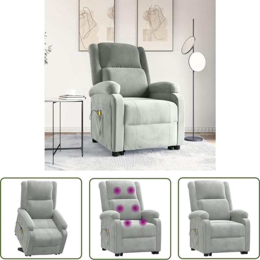 The Living Store Sta-opstoel Verstelbaar Massagefunctie Fluweel Lichtgrijs 70x93x98 cm