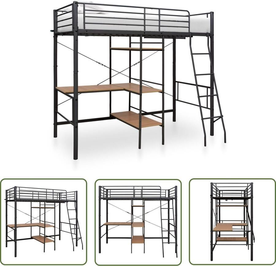 VidaXL The Living Store Stapelbedframe met tafel metaal grijs 90x200 cm Stapelbed Frame Kinderkamer Tweepersoonsbed Metalen Bed