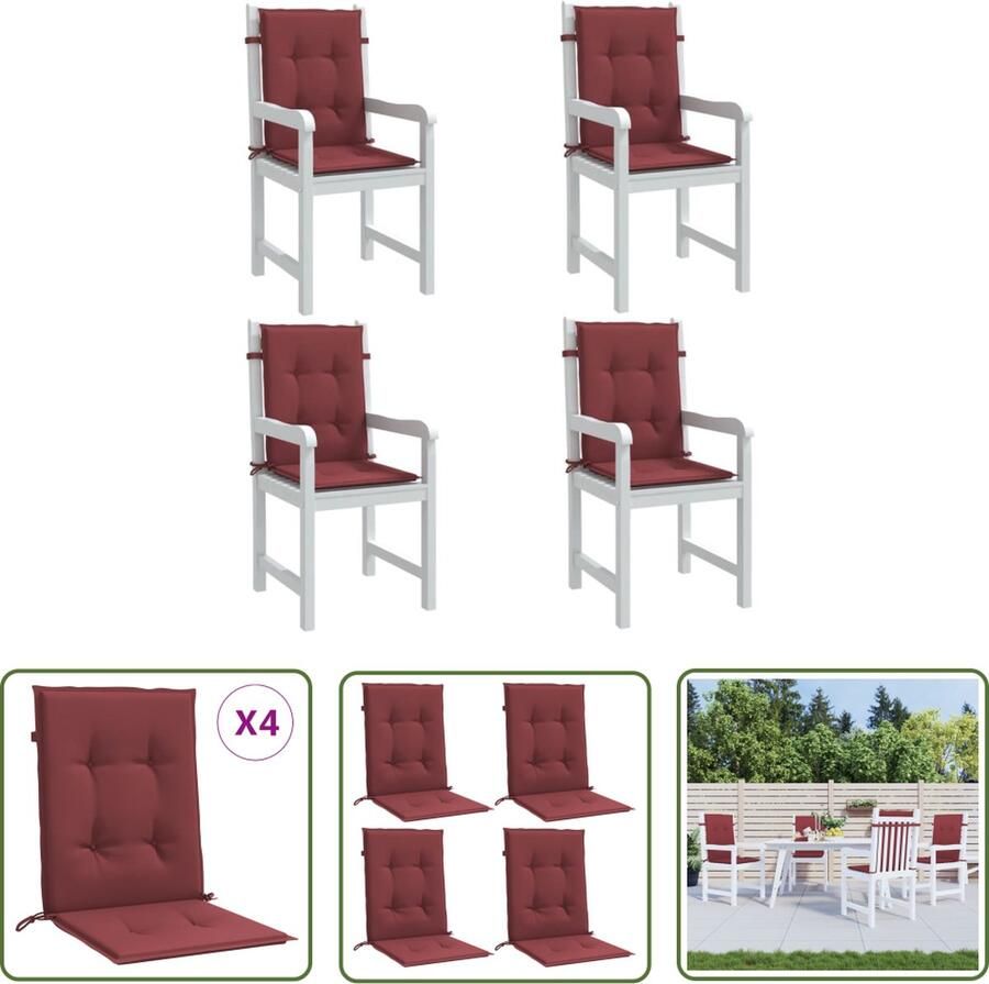 The Living Store Stoelkussens 4 st lage rug 100x50x4 cm stof gemêleerd wijnrood Stof Kussentje Tuinstoel Kussen Lounge Set Kussen Buitendecoratie Outdoor Accessoires