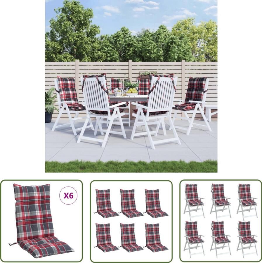 The Living Store Stoelkussens 6 st hoge rug ruitpatroon oxford stof rood Stoelkussens Outdoor Kussens Tuinkussens Balkon Kussens Eetkamerstoel Kussens