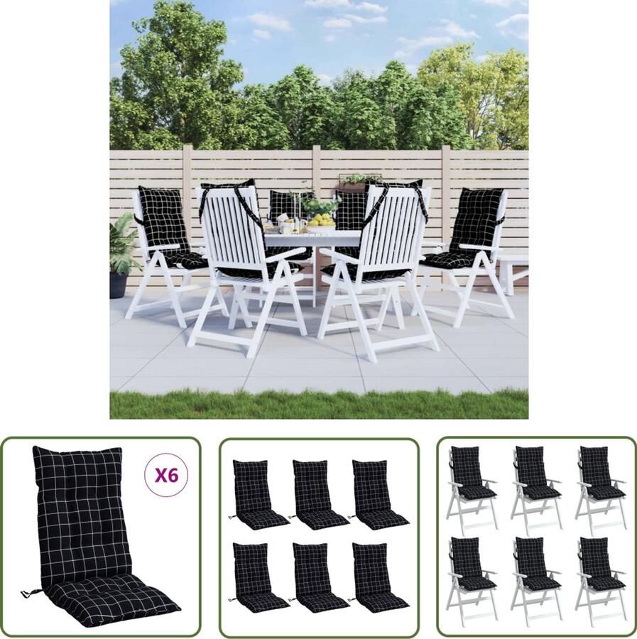 The Living Store Stoelkussens 6 st hoge rug ruitpatroon oxford stof zwart Stoelkussens Outdoor Kussens Tuinkussens Balkon Kussens Eetkamerstoel Kussens