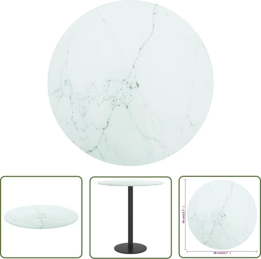 The Living Store Tafelblad Ø40x0 8 cm gehard glas met marmeren design wit Tafelblad Gehard Glas Marmerdesign Wit Ronde Tafel