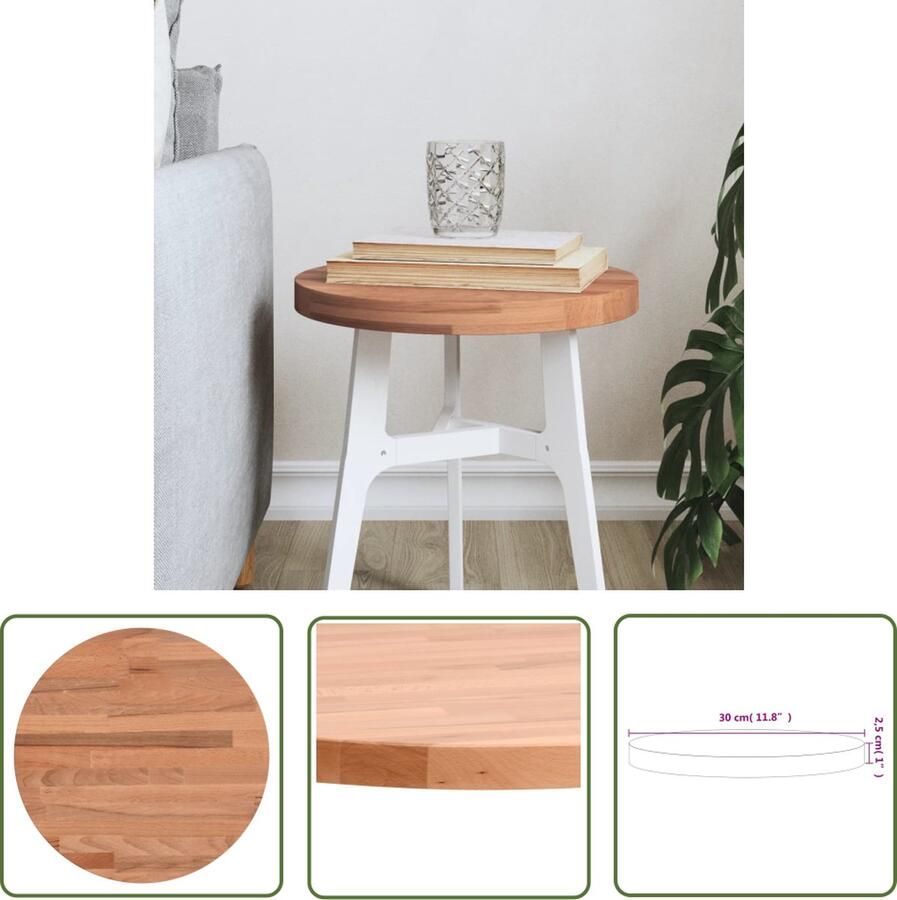 The Living Store Tafelblad rond Ø30x2 5 cm massief beukenhout Tafeltje Tafelblad Beukenhout Rond Tafelblad Salontafel - Foto 2