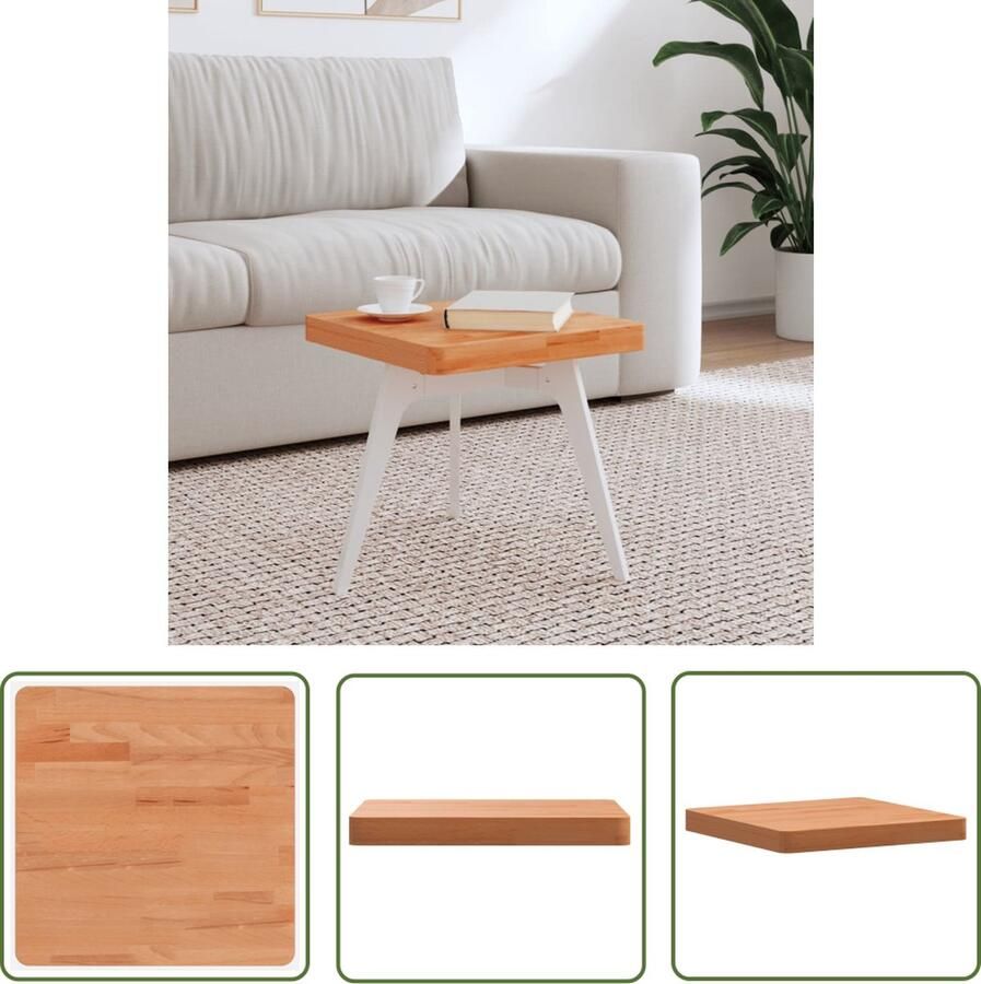 The Living Store Tafelblad Massief beukenhout 40 x 40 x 4 cm Afgeronde hoeken Tafeltje Blad Tafelblad Vervangen Salontafel Blad Beukenhouten Tafelblad Massief Hout Tafelblad - Foto 2