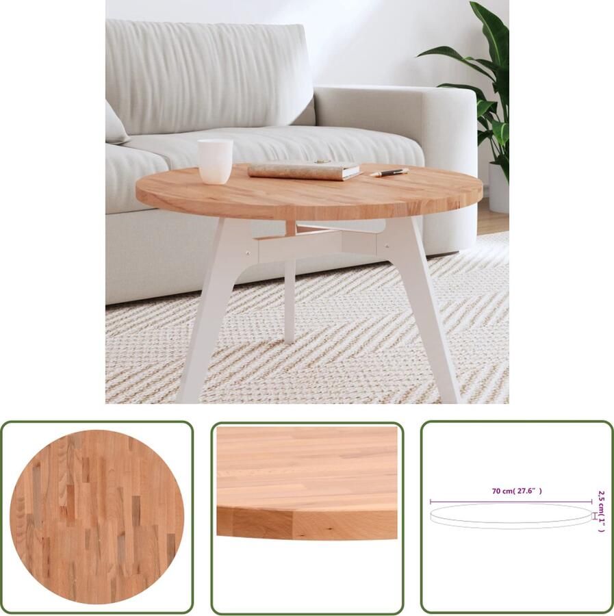 The Living Store Tafelblad Massief beukenhout 70 x 2.5 cm Rond Voor salontafel Tafelblad Salontafel Beukenhout Houten Tafelblad Rond Tafelblad - Foto 3