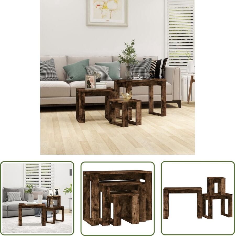 The Living Store Tafeltjesset Gerookt eiken Compact ontwerp Multifunctioneel Eenvoudig te reinigen hout Montage vereist 61x28x47cm 43x28x37cm 25x28x27cm Tafelset Tafeltjes Compact Ontwerp Multifunctioneel Houten Tafels - Foto 2