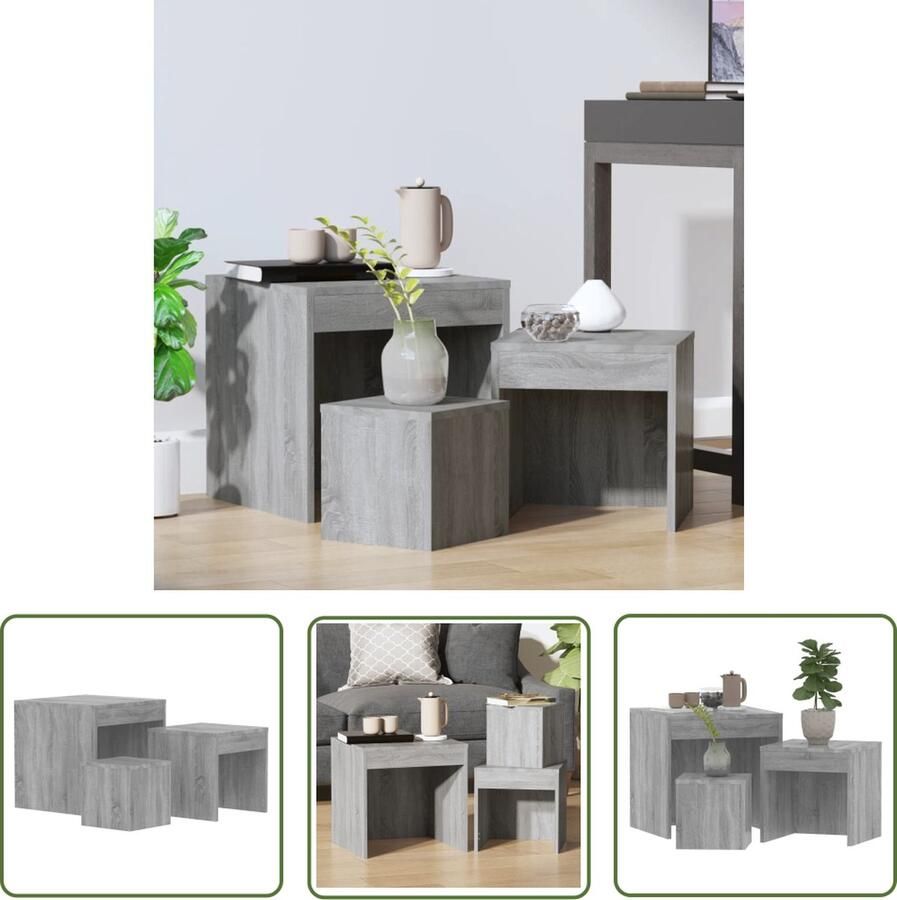 The Living Store Tafeltjesset Grijs Sonoma Eiken Multifunctioneel 45 x 45 x 45 cm 35 x 35 x 35 cm 24 x 24 x 24 cm Bewerkt hout Montage vereist